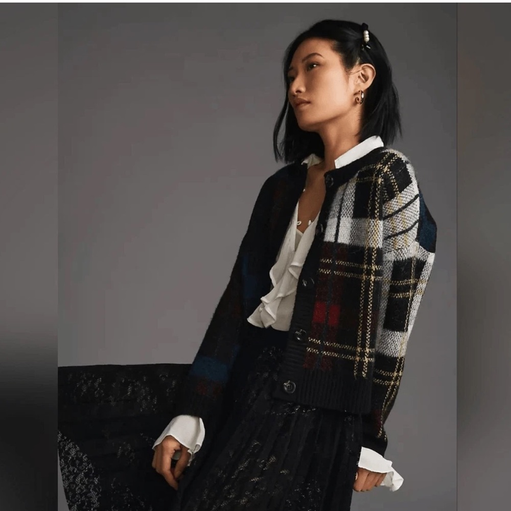 Anthropologie Black, White, Red, Blue Plaid Cardigan